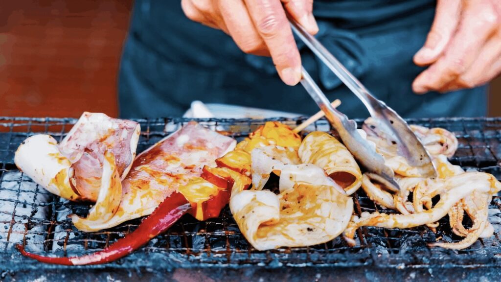 呼子の朝市　浜焼き　いか焼き